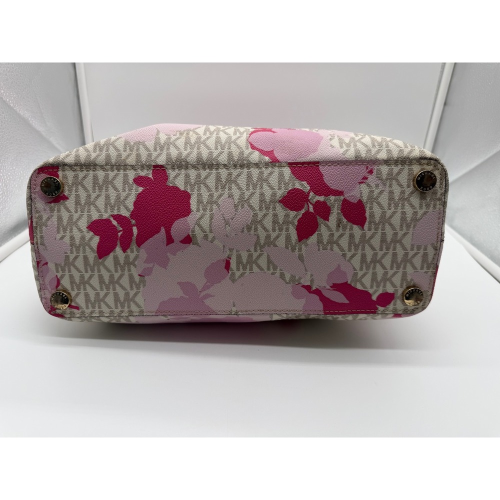 Michael Kors Pink Floral Signature Logo Satchel Handbag Gold Tone Hardware - Picture 2 of 8